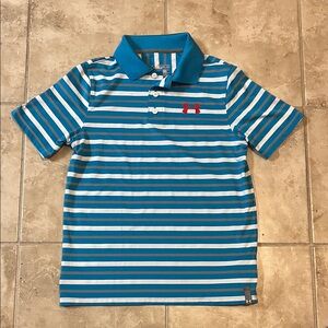 Under Armour Boys Performance Polo with Turquoise Blue and White Stripes